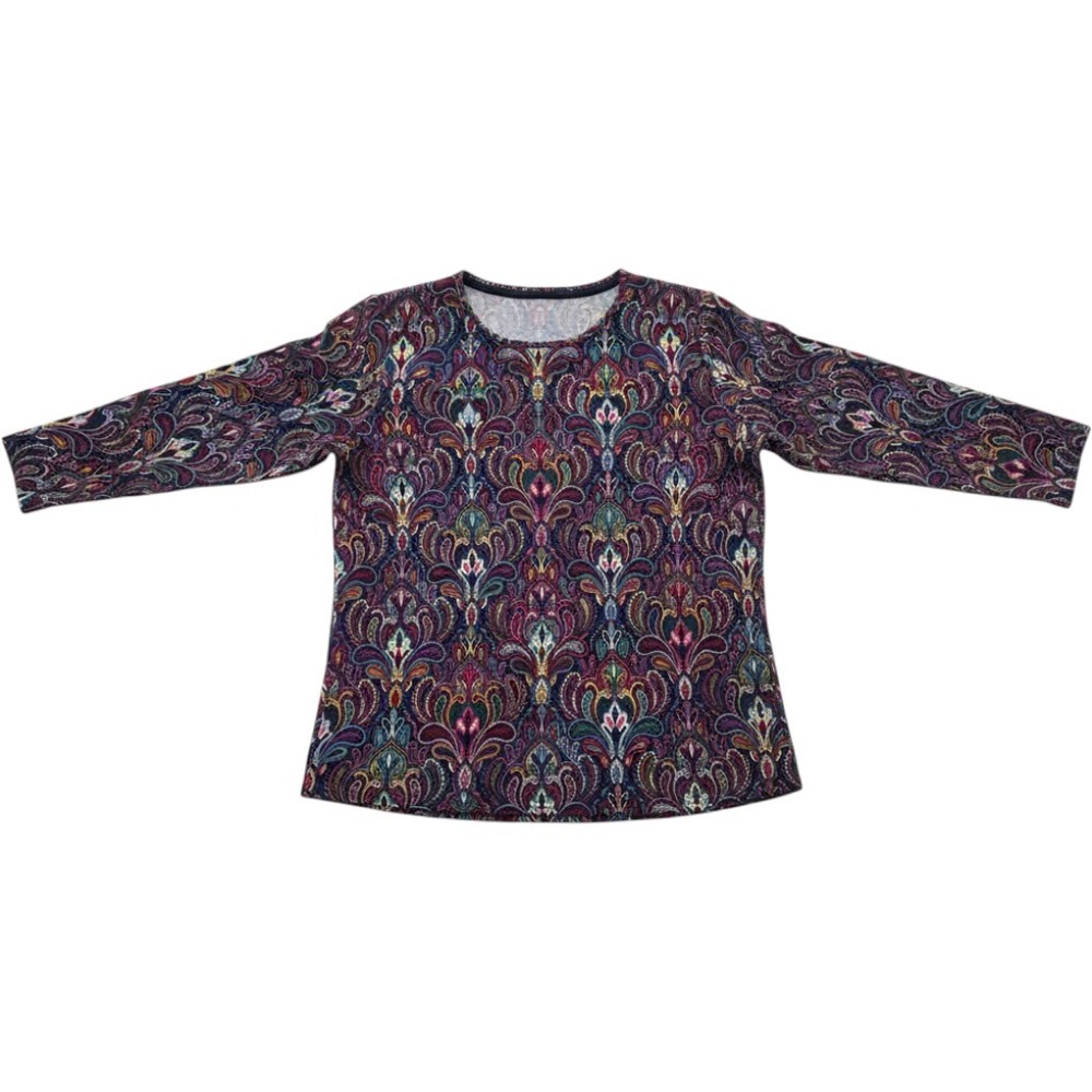 Talbots Tee Womens XL Purple Paisley Damask 3/4 Sleeve Cotton Spandex Top